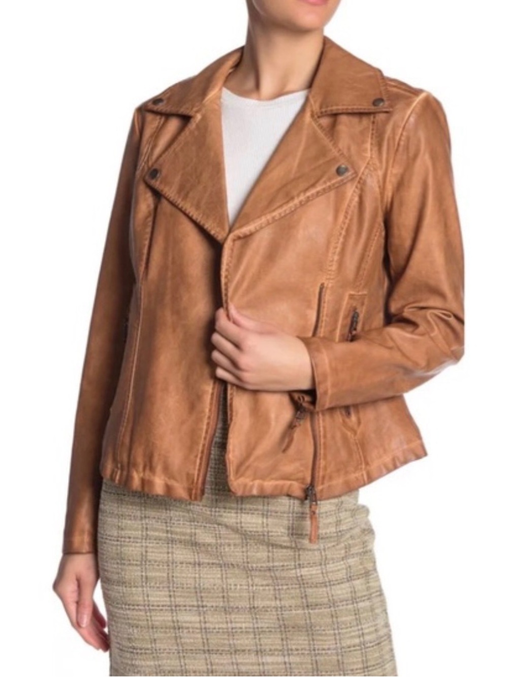 Max Studio Cognac Brown Leather Moto Jacket